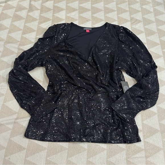 Vince Camuto black long sleeve vneck faux wrap top all over sequins - Picture 1 of 2